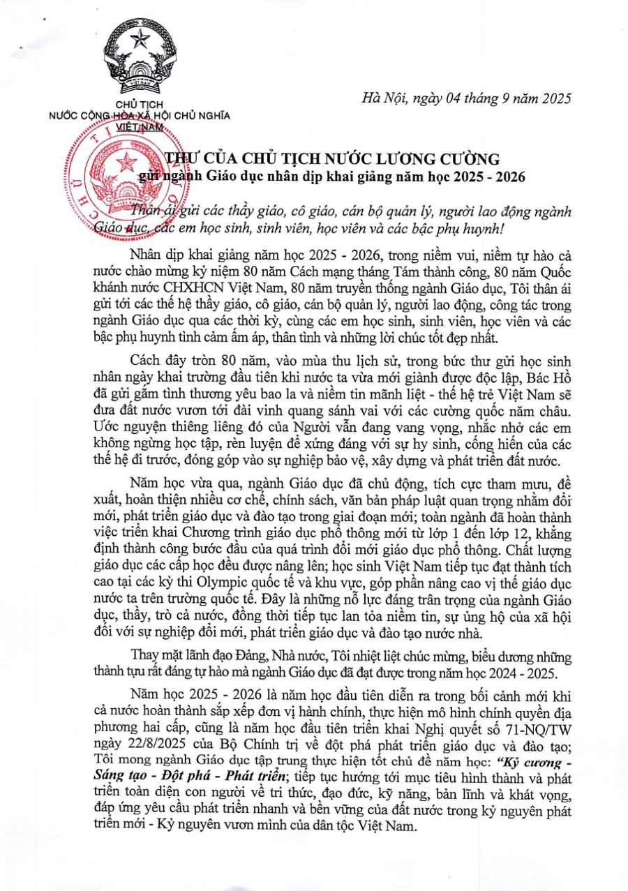 Thư của Chủ tịch nước gửi ngành Giáo dục nhân dịp khai giảng năm học 2025-2026
